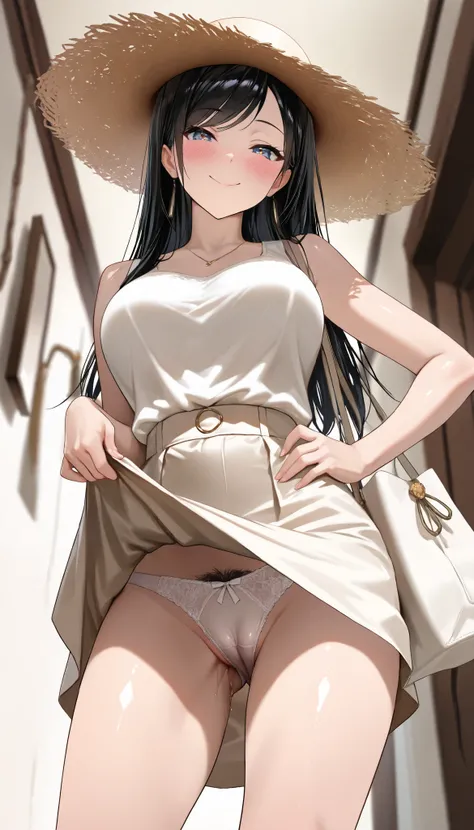 (best quality, masterpiece, ultra detailed, high resolution), Beautiful 8K CG artwork, Enriched photography, anatomically accurate body, depth of field,  1girl, elegant yet sexy girl, (long hair, black straight hair, swept bangs), 
round large breasts, bre...