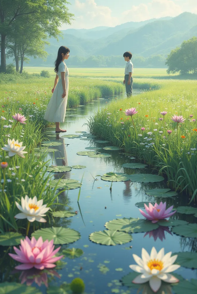 Make a girl and in a field and a river with water lilies and lotus flowers and on the other side of the river make a boy 