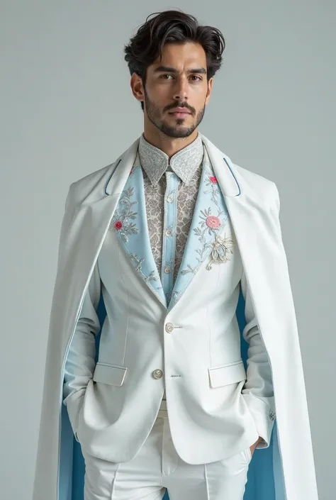 Take a photo of a MAN and WHITE suit with the following characteristics:"The dress was white,with a long cape and silver details and a pastel light blue,the shirt was made of semi-transparent lace and floral motifs were embroidered"