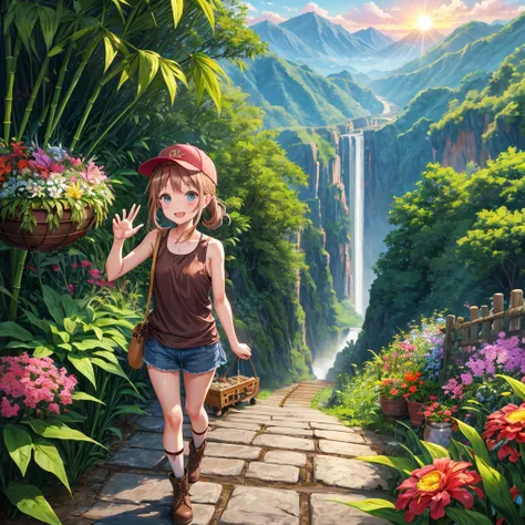 pink brown brown gold hair、 eye、  Has hair tied  、Two cute people、 Check Mini Skirt、  black t-shirt、 Light clothing、 tank top、 camisole、high socks、 Boots、 teeth inside、  The Road Is Crooked 、Mountain々、Stick together  、 bamboo forest、 chest pocket  、rock sa...