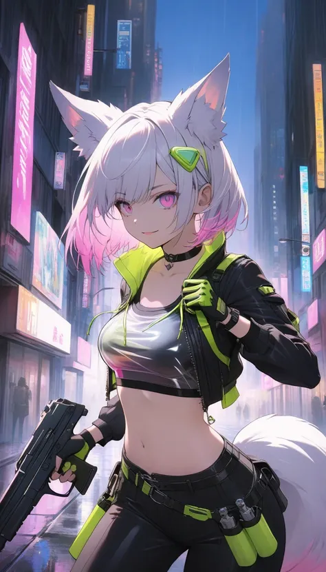 1girl, fox girl, fox ears, fox tail, iridescent hair, short hair, neon highlights hair, wearing rainbow safety goggles, choker, see-through cropped hooded jacket, translucent vinyl, white crop top, tight-fitting long pants, gloves, black detached sleeves, ...