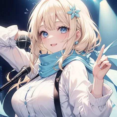 Women in their 20s,blond hair,Transparent white skin,Bangs are swept short,straggling hair,white blouse,Light blue cardigan,,Blue scarf,large eyes,long eyelashes,Drooping ears hair ornament,Hair half up,singing with a microphone,smile,winking