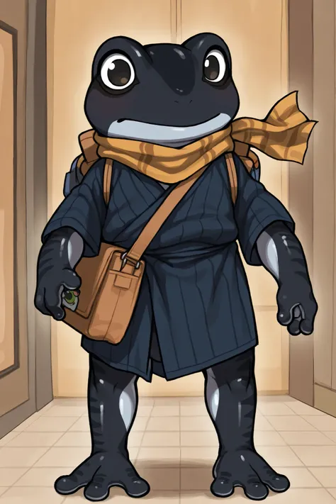 [Frog boy, full body shot from the front.]
Cool impression, dark eyes.
Jet black skin, boyish build.
Surprised expression
Clothing: Carries a shoulder bag and a small scarf.