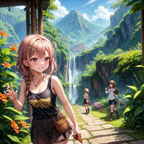 pink brown brown gold hair、 eye、  Has hair tied  、Two cute people、 Check Mini Skirt、  black t-shirt、 Light clothing、 tank top、 camisole、high socks、 Boots、 teeth inside、  The Road Is Crooked 、Mountain々、Stick together  、 bamboo forest、 chest pocket  、rock sa...