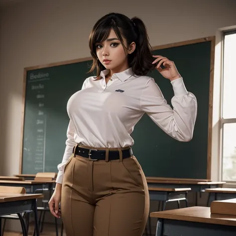 Dark photo style, a short cute chubby Mexican emo nerdy , short slightly wild hair, cute detailed brown eyes, cutely detailed lips, cute highly detailed face, huge voluptuous sagging breasts, thin thighs, thin hips, wearing long-sleeved school polo and bel...