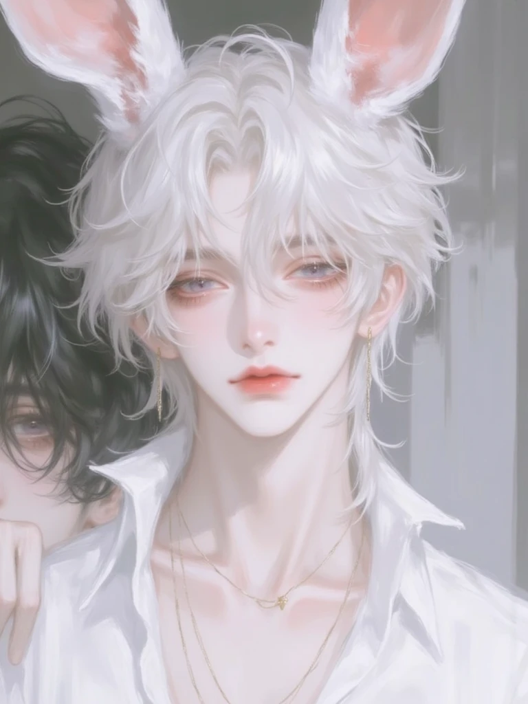 เด็กชายอนิเมะ, วันหยุด Kpop ,หมุ่หล่อน่ารัก 、 หล่อ、ดี、 ผม A 20-year-old man with pale skin, black eyes, white hair, bunny ears, and a white shirt, looking straight at us. , ar 2:3 , niji 6 , p spr1pcg fz5yng7 xz2sn6f , style raw , stylize 650
