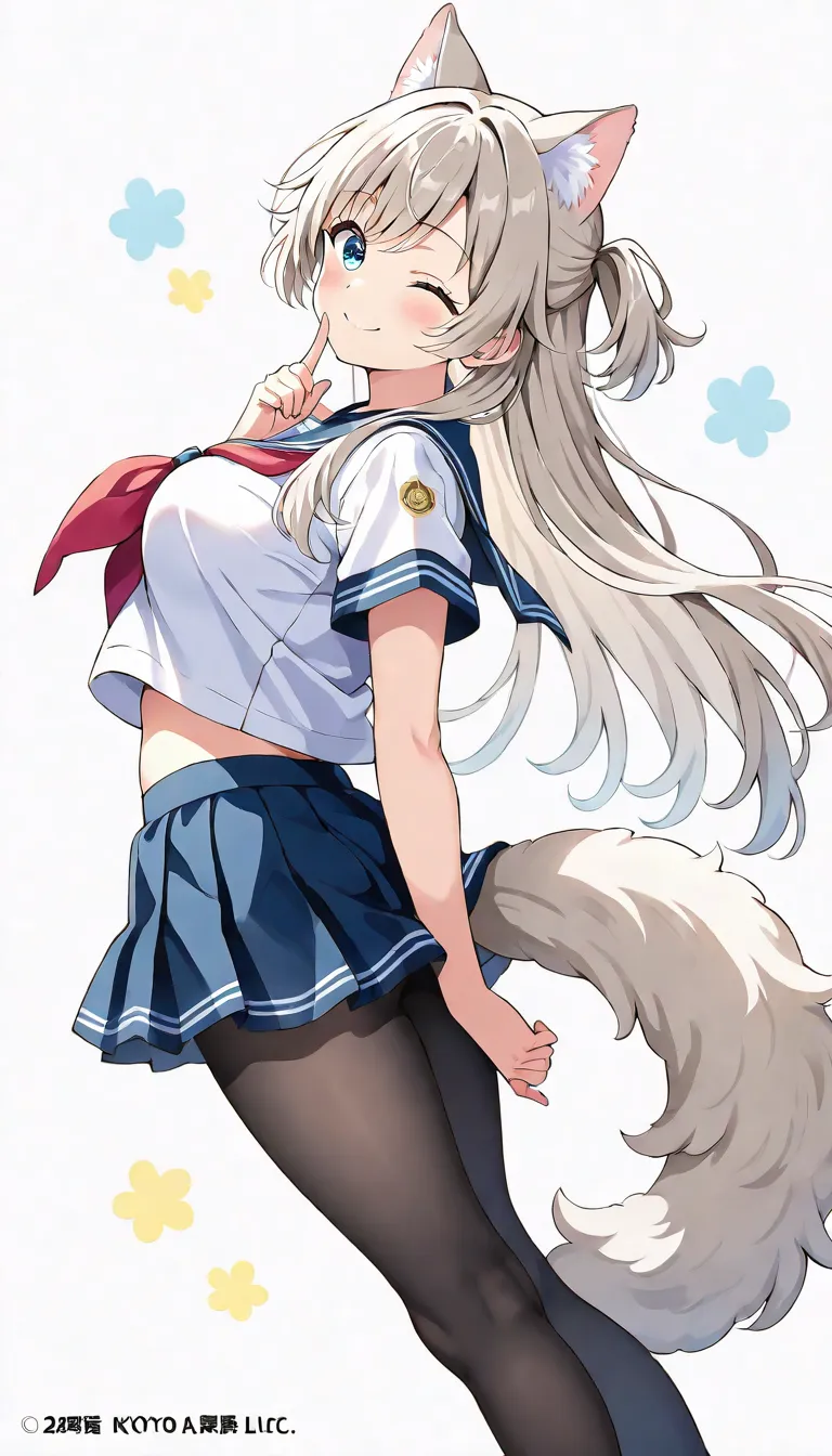 nsfw, （Best Quality), Primary school students、a girl, solo, sexy, (lovely), sailor uniform, Short skirt, silver blonde hair, semi long hairstyle, cat ears, {cool eyes,  Turquoise: 1.2}, a fluffy cat tail, arching back, from front,  ((large breasts)), simpl...