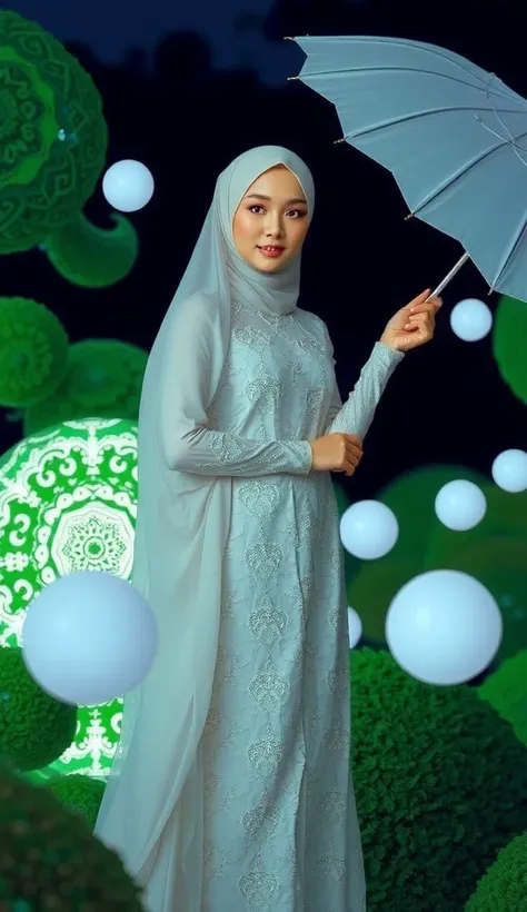  A beautiful young Korean woman ,  wearing a white hijab and a luxurious lace dress , holding a white umbrella in her hand .  She stands in the middle of a magical green nature with intricate designs ,  surrounded by the soft light of mystical balls .  The...