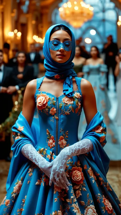 beautiful lady, MET gala, corset ball gown, long gloves, velvet headscarf, lace mask on eyes