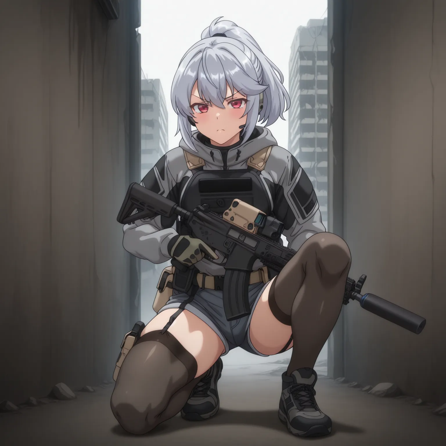 tactical anime-style adult female soldier wearing tactical gear with a fleshy and glamorous figure with the latest customized black assault rifle。 with short silver hair tied in a ponytail with a navy hair band 、 has red eyes 。 serious expression。equipped ...