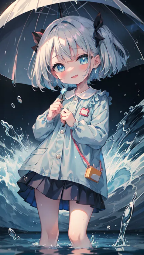 ５age, kindergarten mom clothes, blue smock,  dark blue skirt ,  cute, rain, 豪rain, soaked,  Energetic ,  best smile, wet smock,  wet skirt , Drops of water dripped, 