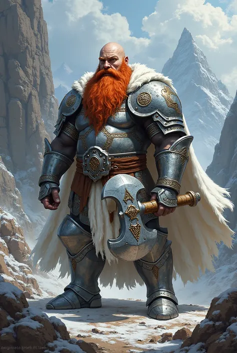 Red-bearded dwarf wearing full silver armor with a white cape using a large silver axe