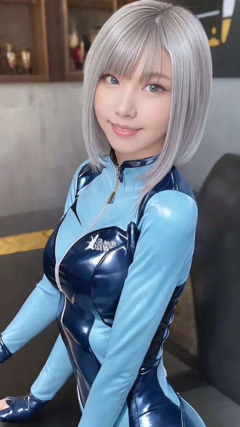  blue eyes,   Beautiful Proportions , smile, Photorealistic, a beauty girl,  skin-fitting bodysuit,  Silver Hair, complicated details,  big breasts, Zero Suit,  shiny skin