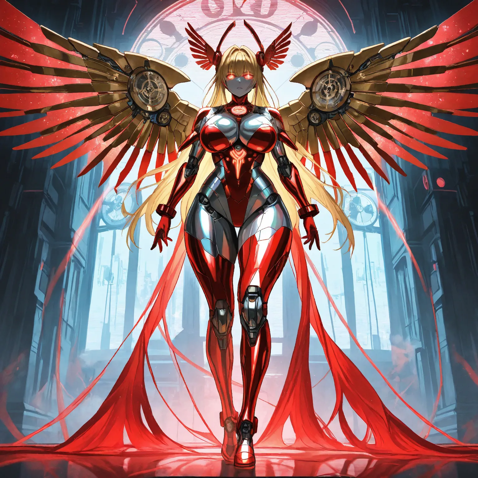 Clockwork Female Angel, Red Metallic Mechanical Angel Wings (6 foot Wingspan), Stainless Steel skinned , Long Flowing Golden Hair, Voluptuous Build, wide hipped, thick thighs, iridescent Red glowing glass eyes, standing in a cyberpunk clock tower