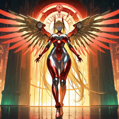 Clockwork Female Angel, Red Metallic Mechanical Angel Wings (6 foot Wingspan), Stainless Steel skinned , Long Flowing Golden Hair, Voluptuous Build, wide hipped, thick thighs, iridescent Red glowing glass eyes, standing in a cyberpunk clock tower