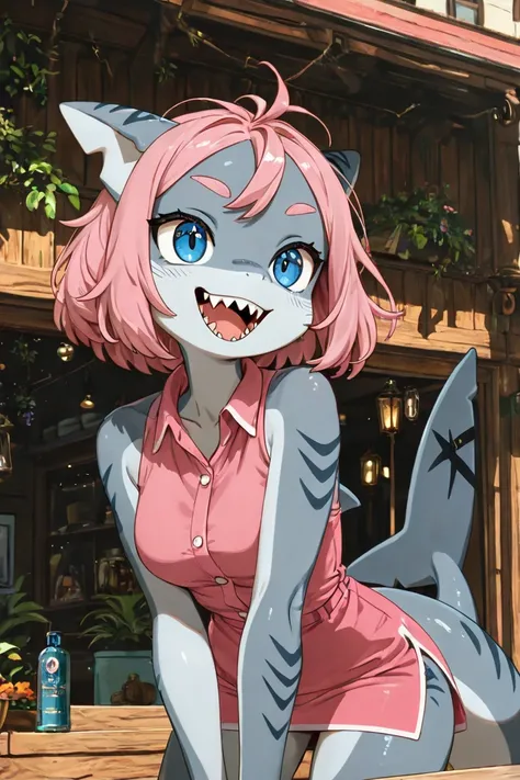 Shark female, pink short hair, furry female,  full art illustration, full art, 8k high quality detailed art, detailed digital anime art, furry art, anthropomorphic shark, furry art, gray skin, sharp tooth, blue eyes