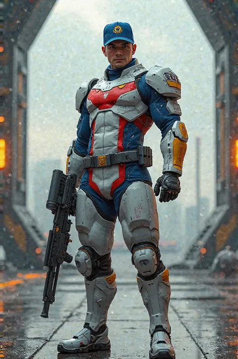 Hyper Realistic,Written on the Air title " KAPTEN MALAYSIA " A man with  Blue cap with moon and star logo , cold and ruthless gaze, confident expression, a two piece futuristic-style pangolins scale uniform, primarily white and red, blue with yellow accent...