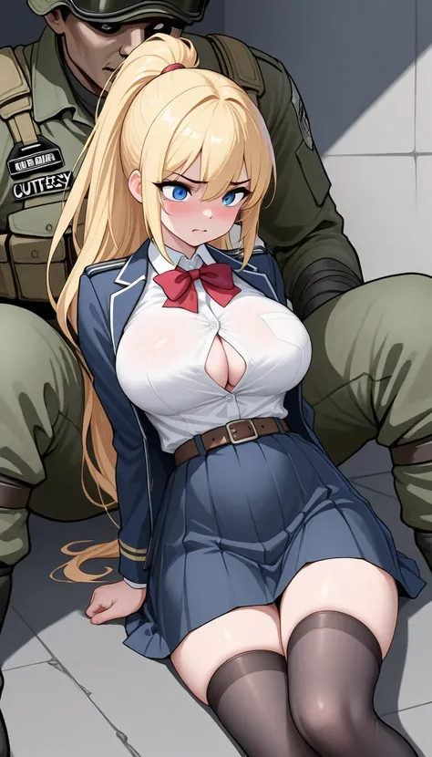 1girl, ultra cute, ultra sexy, ecchi, cutesy, ((Busty Bitches)),  school girl, imminent rape, blonde ponytail, WW2 soldier, 1guy, Masterpiece, Best Quality 