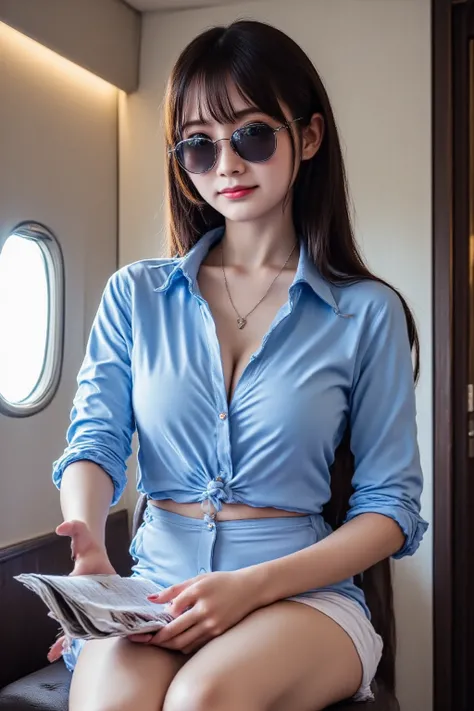 She's wearing a blue shirt, a white skirt, sunglasses, and a diamond necklace.I'm sitting cross-legged in the business seat of an airplane and smiling brightly while reading a newspaper.