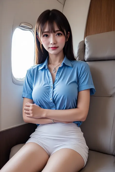 She's wearing a blue shirt, a white skirt, sunglasses, and a diamond necklace.I'm sitting cross-legged in the business seat of an airplane and smiling brightly while reading a newspaper.