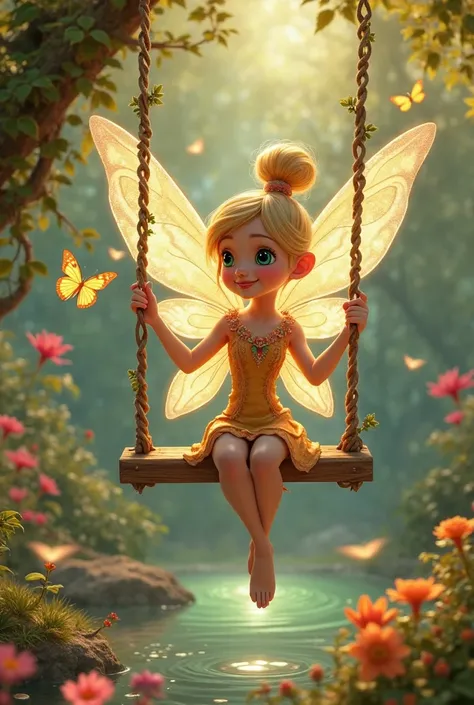 The Ting Ding Ding Fairy from the Disney cartoon sits beautifully on the swing , and reaches out to the butterflies with his left hand