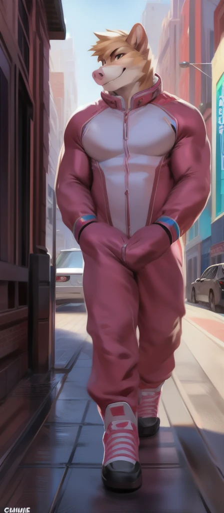   alone  , Male​ tall​., huge body,​standing, street , pig hamster , ​ heavy  เกินพิกัด,   muscle bound , pink Military Spacesuit,Smirking, by chunie  