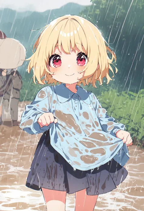 ５age, kindergarten mom clothes stained with sand and mud, blue smock,  dark blue skirt ,  cute, rain, 豪rain, soaked,  Energetic ,  best smile, wet smock,  wet skirt , Drops of water dripped, 