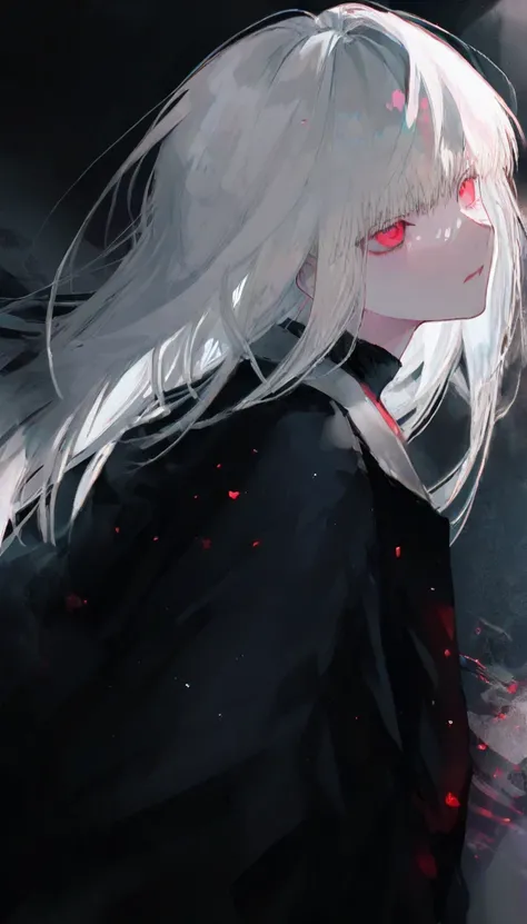 Solo, Handsome male in his 20s,  bangs,  white hair,  red eyes,  straight hair, eyes with raised corners,  dark ,  decadent,  masterpiece, high detail with stars,  High Quality ,  detailed snow.