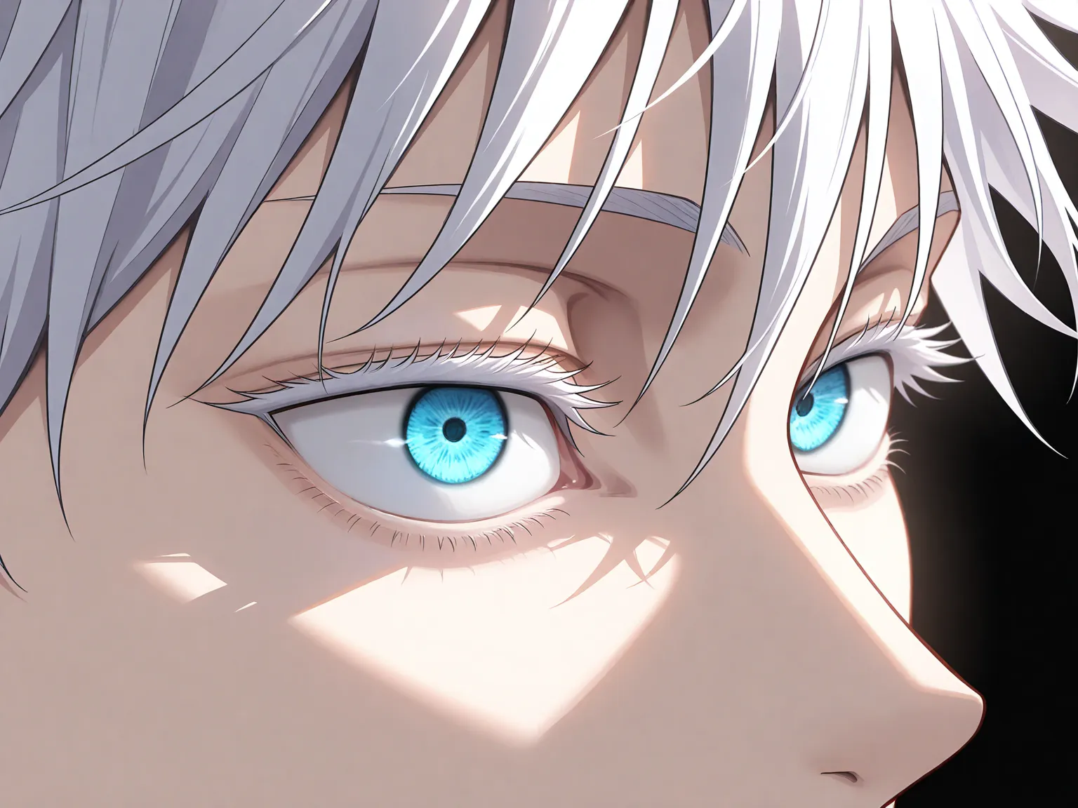 (masterpiece, 8k, best quality:1.3), absurdres, highres, ultra detailed, HDR, detailed beautiful face and eyes, close-up, eyes focus, 1boy, gojou satoru, jujutsu kaisen, white hair, hair between eyes, white eyelashes, blue eyes, handsome, sexy man, white s...