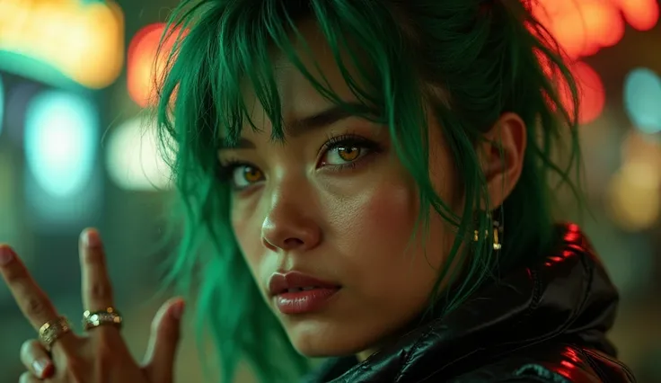 a far shot of a right angle face shot of a tanned half indian half chinese with green cyberpunk short edgy hair from the bahamas, she is tanned from the bahamas with yellow eye pupils,  she is sitting in a smokey bar dark gothic bar , she looks into the ca...