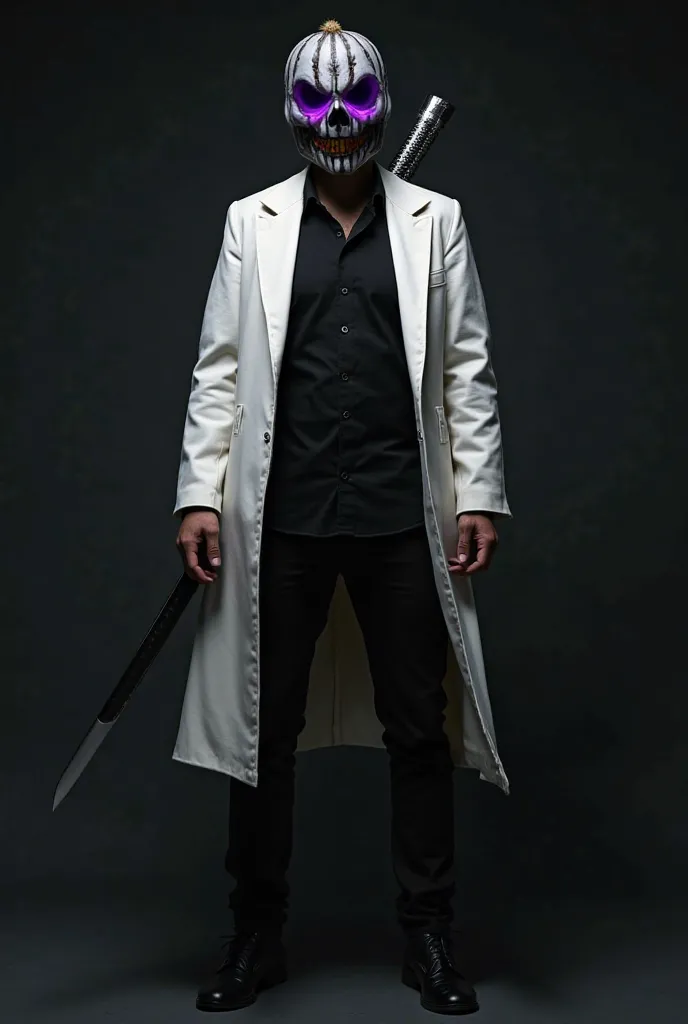 An image with a completely dark background, that shows a man wearing a white trench coat,  a black shirt,  black pants,  black shoes. He wears a silver-sheathed Katana and you can't see his face, Well, it's hidden by the shadow. You can see a purple eye an...