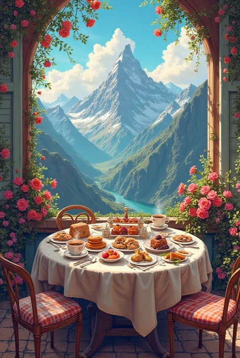 Create a psychedelic image of a breakfast table with a view of the mountains, bringing a bucolic welcoming environment. Colorful flowers and bright colors