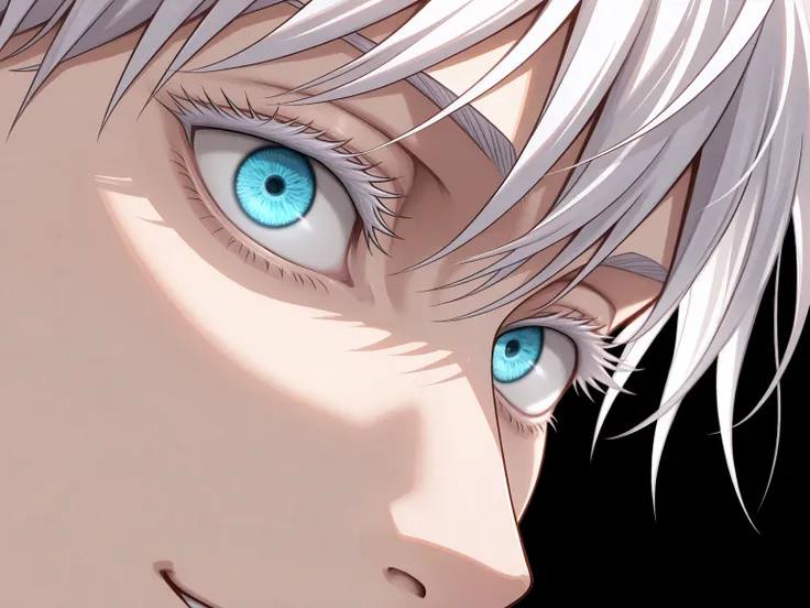 (masterpiece, 8k, best quality:1.3), absurdres, highres, ultra detailed, HDR, detailed beautiful face and eyes, close-up, eyes focus, 1boy, gojou satoru, jujutsu kaisen, white hair, hair between eyes, white eyelashes, blue eyes, handsome, sexy man, white s...