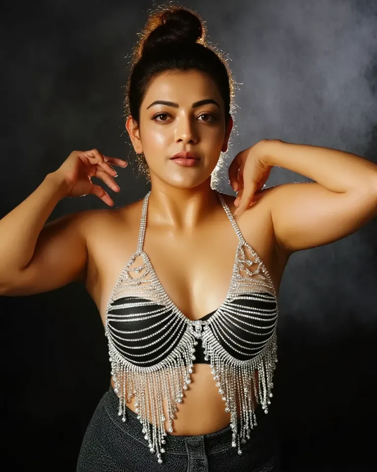 Beautiful fair looking indian actress Kajal aggarwal, completely naked wearing only Rhinestone Fringe silver Bralette and moira Womens Rhinestone Underpants Belly Waist Chain Crystal Lingerie Panties G Strings Thongs Body Chain Jewelry, beautiful detailed ...