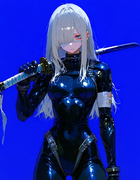    masterpiece、最   high quality 、   high quality 、   so beautiful、   absurd、    latest、    girls on the left、    Grey Hair、   long hair、bandage、目にbandage、 Shiny black plug suit、     small breasts   、   Japanese sword、  holding a sword in one hand  、  weapo...