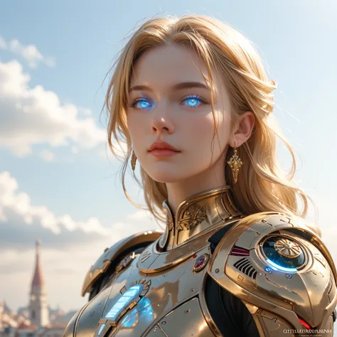 Robotic Female Roman Legionnaire, Long Golden Hair, Iridescent White Glowing Eyes, wearing Dark Red Futuristic Lorica Segmentata Armor with Gold Accents, Grasping a Steel Gladius with Gold Accents in her right hand, standing in front of the the Parthenon i...