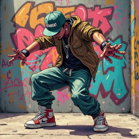 graffiti,danseue hip hop personnage animé, look hip hop ,casquette us avec "@emir7FA7" écrit dessus en relief,masque aerosol
