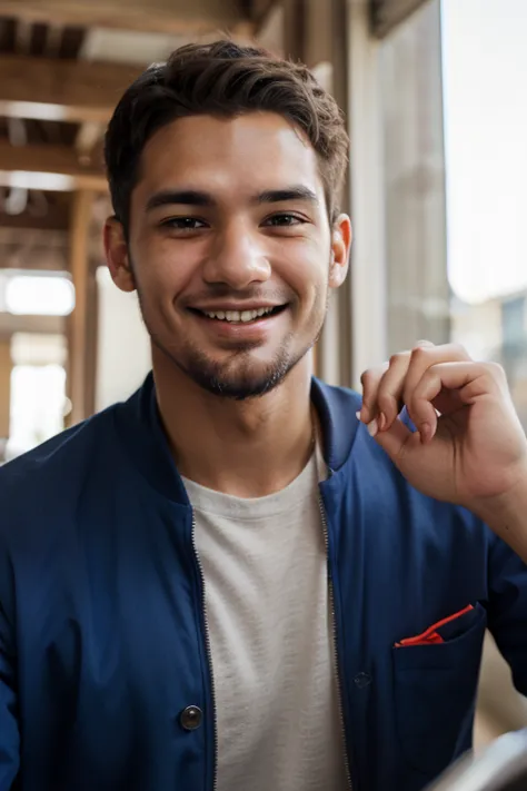 A single male worker smiling while using google meet / zoom