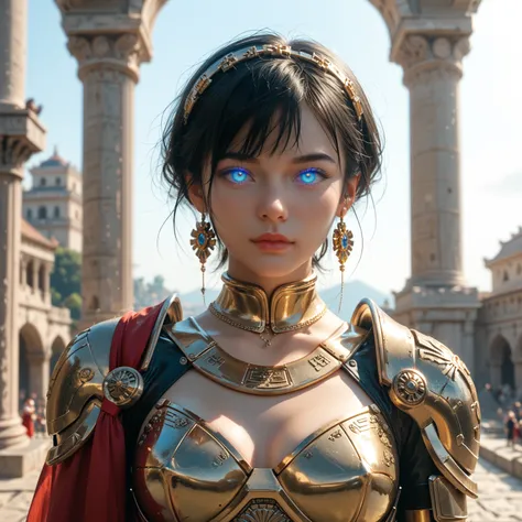 Robotic Female Roman Legionnaire, Long Black Hair, Iridescent White Glowing Eyes, Tanned Skin, wearing Dark Red Futuristic Roman Armor with Gold Accents, Grasping a Steel Gladius with Gold Accents in her right hand, standing in front of the the Ancient Col...