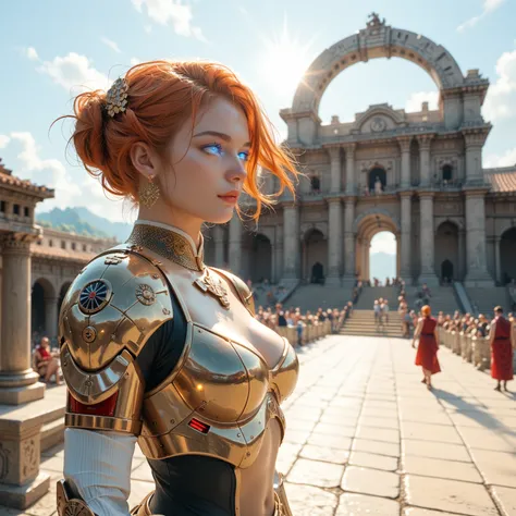 Robotic Female Roman Legionnaire, Long Orange Hair, Iridescent White Glowing Eyes, Tanned Skin, wearing Dark Red Futuristic Roman Armor with Gold Accents, Grasping a Steel Gladius in her right hand, standing in front of the the Ancient Coliseum in Italy, D...