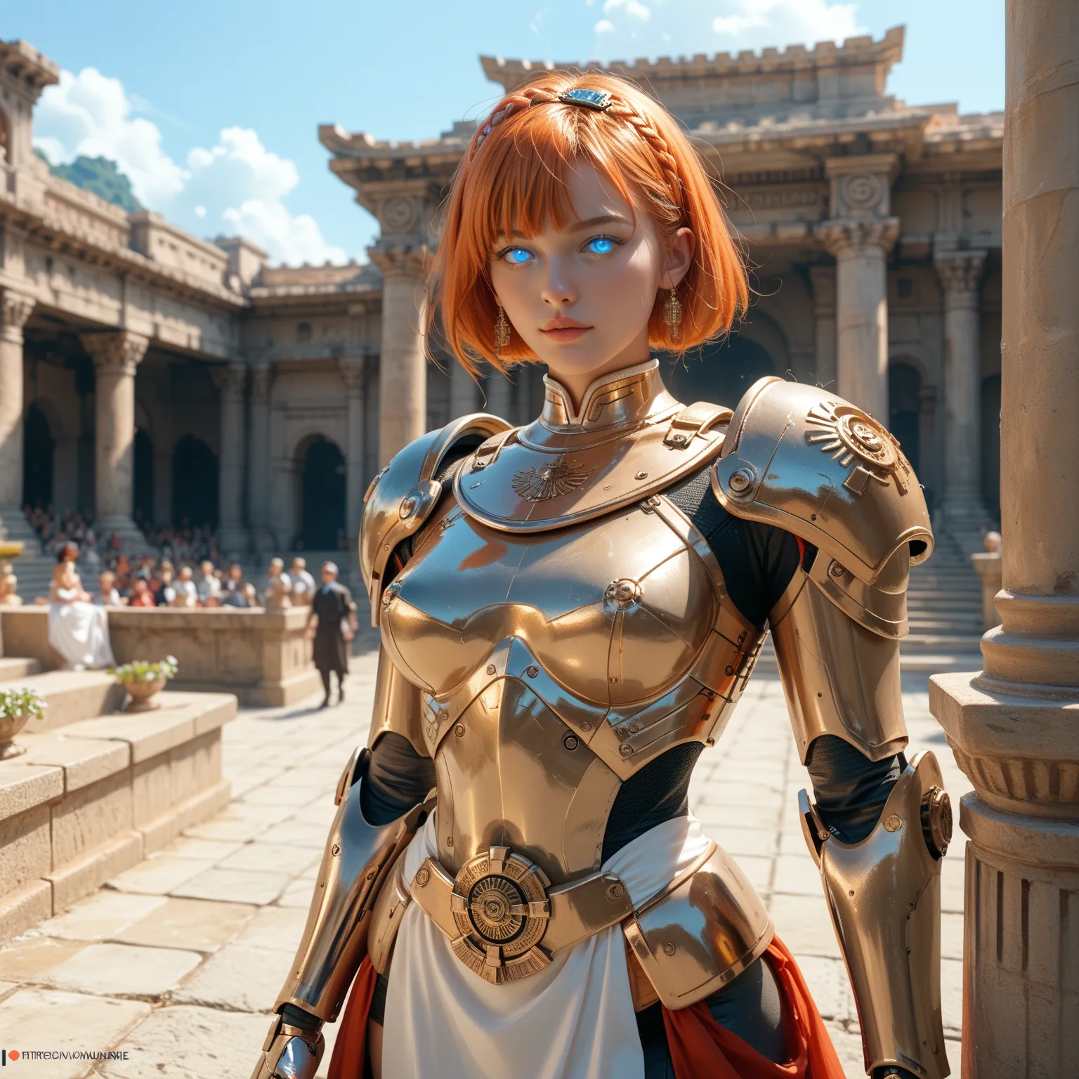 Robotic Female Roman Legionnaire, Long Orange Hair, Iridescent White Glowing Eyes, Tanned Skin, wearing Dark Red Futuristic Roman Armor with Gold Accents, Grasping a Steel Gladius in her right hand, standing in front of the the Ancient Coliseum in Italy, D...