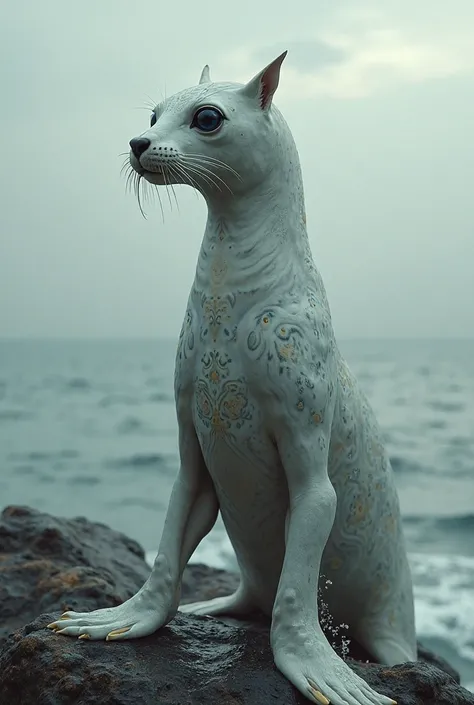 A picture of a standing seal with the features of a woman