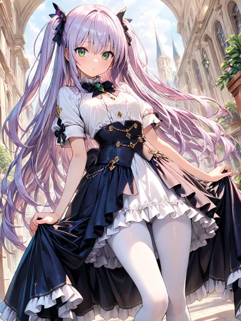 ((masterpiece, best quality, ultra-detailed character)), 1girl, soft purple hair, very long hair, long side up, green eyes, white shirt, short sleeves, long skirt, frilled skirt, showgirl overskirt, white pantyhose, perfect composition