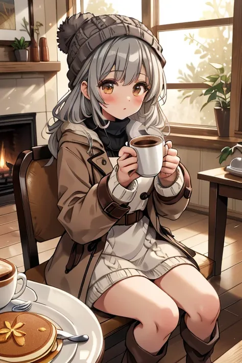 masterpiece,TOP QUALITY,Super Detail,8k, girls on the left,gray hair shortcut　 knitted hat　cream colored knit dress　Brown coat　Knee High Socks　 long boots　 holding a coffee cup　sitting on a chair　indoor　fireplace　Pancakes on the table　Warmth　