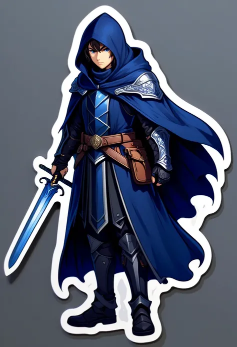 a single sticker, mysterious warrior wearing a dark blue cloak and a sword, Realm line