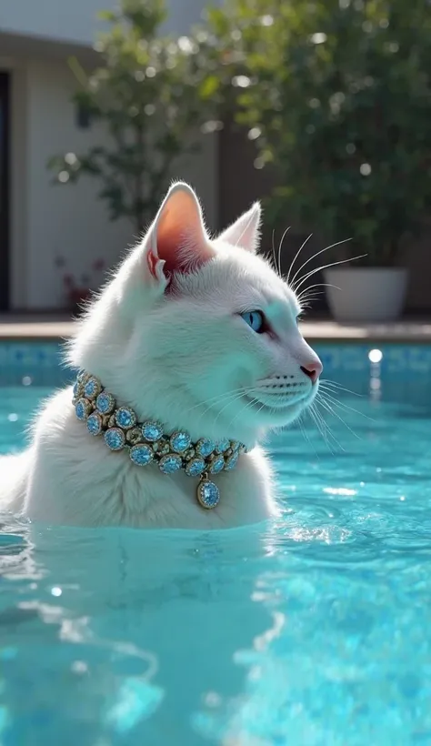 In the courtyard of a modern house there is a beautiful swimming pool with crystal blue water.Beautiful girl in a nice swimsuit,lips painted . big white cat+diamond collar+LIGHT+blue diamonds.Cat by the pool.The girl swims up to the cat.beautiful backgroun...