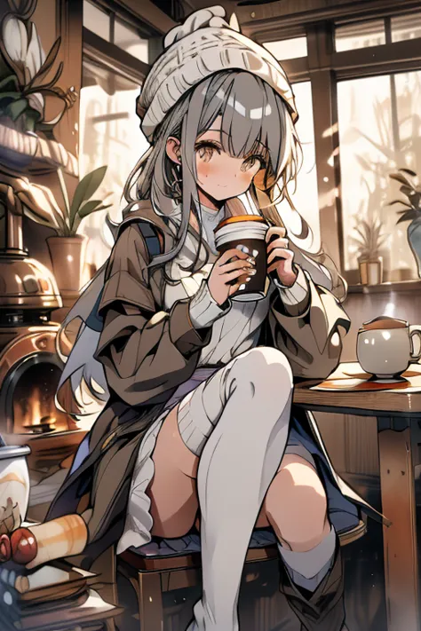 masterpiece,TOP QUALITY,Super Detail,8k, girls on the left,gray hair shortcut　 knitted hat　cream colored knit dress　Brown coat　Knee High Socks　 long boots　 holding a coffee cup　sitting on a chair　indoor　fireplace　Pancakes on the table　Warmth　