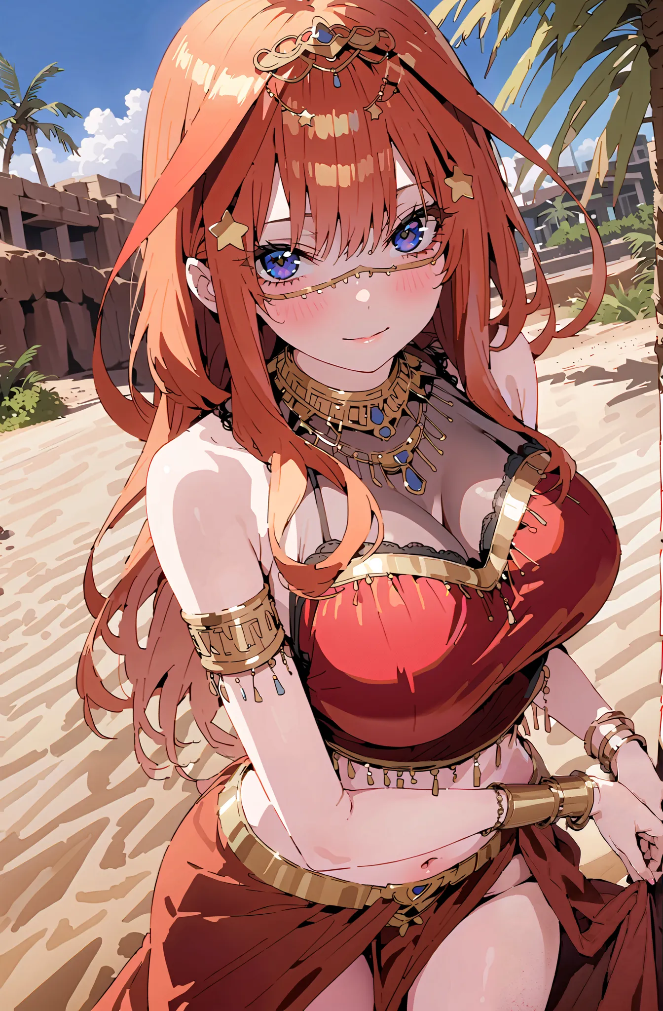 Nakano Mizuki ,  long hair,  blue eyes, hair ornaments close to the garden,  red hair, star (  symbol ), star hair ornaments close to the garden, Big Breasts, Chest Valley,Arabian clothing,  dancer , mouth Veil, belly Dancing, Veil,  armlet, palm tree, Bar...