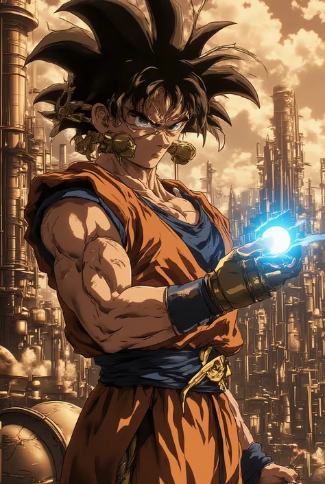 A retro anime-style illustration of Goku with a steampunk aesthetic. He wears a brown leather aviator jacket with metallic shoulder plates, a high-collared vest, and brass goggles resting on his forehead. His spiky hair remains iconic, but with a few mecha...