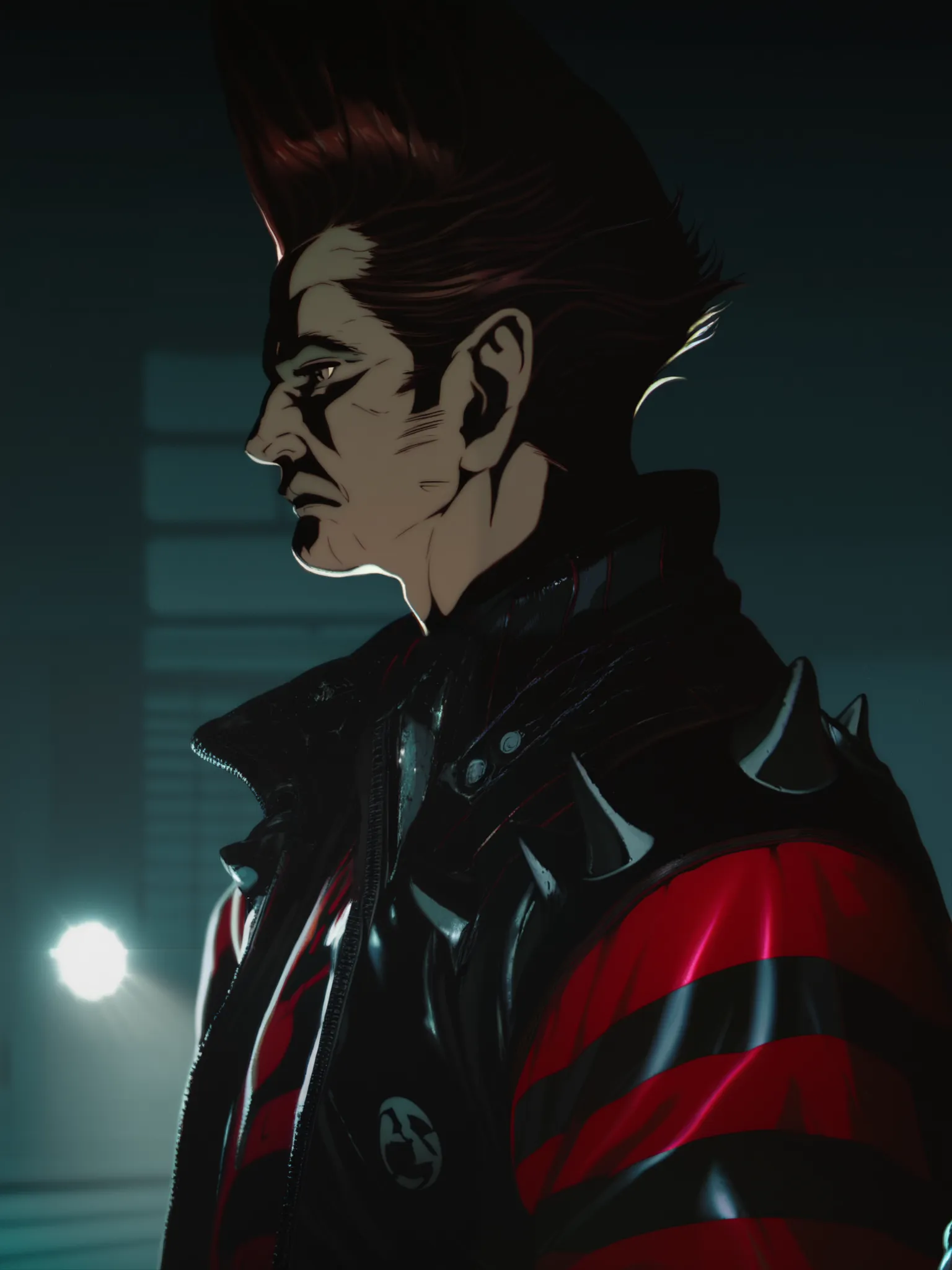 a man with red striped leather jacket, science fiction, profile view, stylized, intricate details, cinematic lighting, dramatic shadows, vibrant colors, hyper-realistic, award winning digital art, highly detailed, 8k, masterpiece